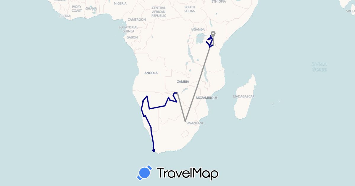 TravelMap itinerary: driving, plane in Botswana, Kenya, Namibia, Tanzania, South Africa, Zimbabwe (Africa)